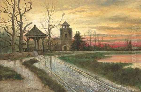 Sunset over a churchyard Oil Painting by English School