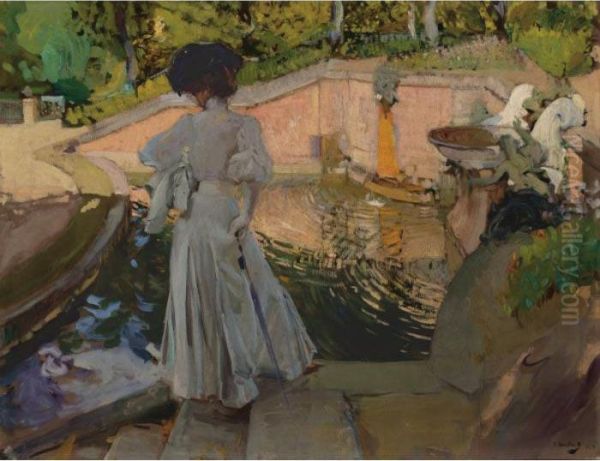 Maria Mirando Los Peces. Granja Oil Painting by Joaquin Sorolla Y Bastida