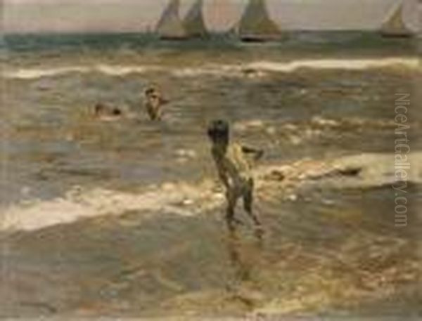 Ninos En El Mar, Playa De Valencia Oil Painting by Joaquin Sorolla Y Bastida