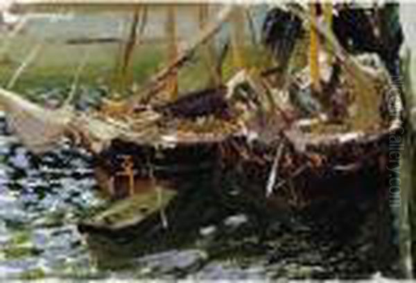 Barcas En El Puerto (boats In Port) Oil Painting by Joaquin Sorolla Y Bastida