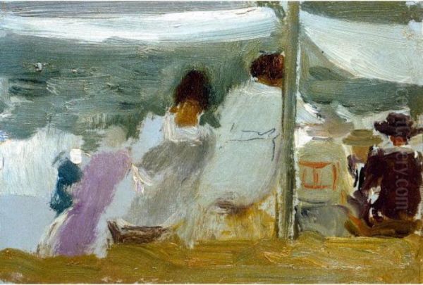 Figuras Bajo Los Toldos, San Sebastian (in The Shade, San Sebastian) Oil Painting by Joaquin Sorolla Y Bastida