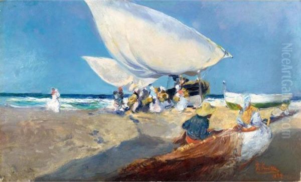 Arreglando Las Redes (mending The Nets) Oil Painting by Joaquin Sorolla Y Bastida