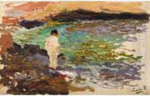 Nino En Las Rocas (boy On The Rocks) Oil Painting by Joaquin Sorolla Y Bastida