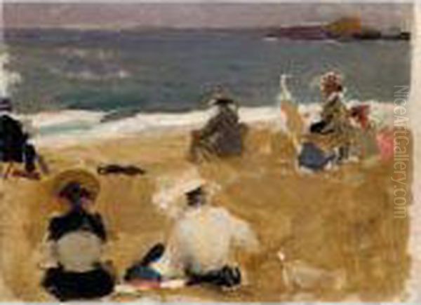 Pintando En La Playa De Biarritz (painting On Biarritz Beach) Oil Painting by Joaquin Sorolla Y Bastida