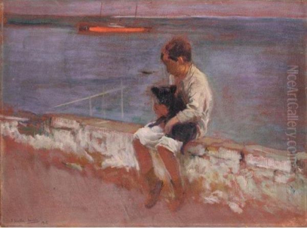 Joaquin Con Su Perro (joaquin With His Dog) Oil Painting by Joaquin Sorolla Y Bastida