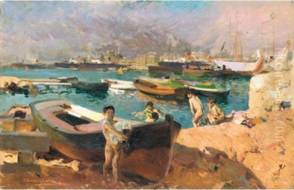 Puerto De Valencia (valencia Port) Oil Painting by Joaquin Sorolla Y Bastida