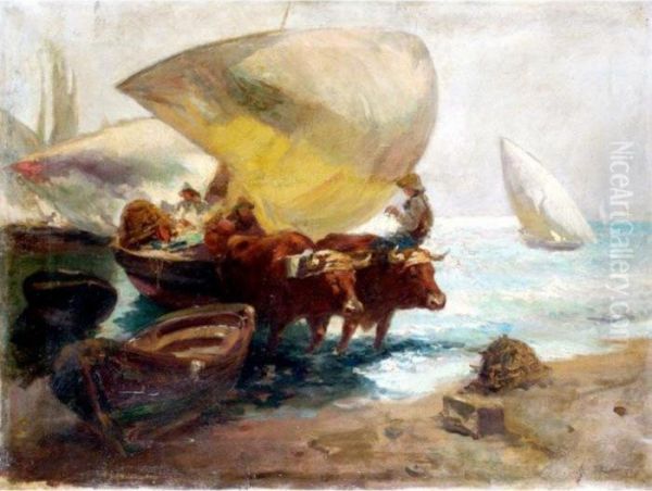 Bulls Pulling A Boat Oil Painting by Joaquin Sorolla Y Bastida