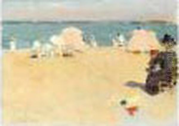 En La Playa, Biarritz (on The Beach, Biarritz) Oil Painting by Joaquin Sorolla Y Bastida