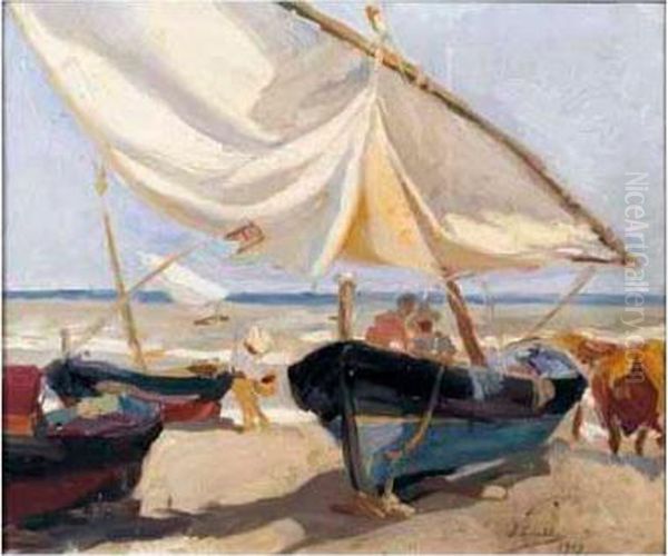 Barcas En La Playa (boats On The Beach) Oil Painting by Joaquin Sorolla Y Bastida