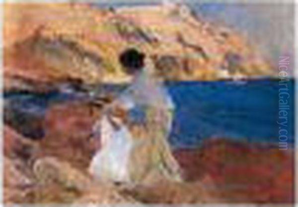 Clotilde Y Elena En Las Rocas, Javea (clotilde And Elena On The Rocks, Javea) Oil Painting by Joaquin Sorolla Y Bastida