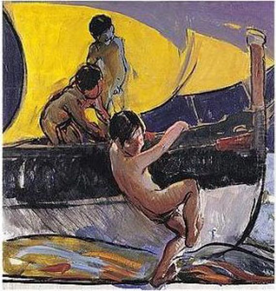 Ninos Jugando En Una Barca (children Playing In A Boat) Oil Painting by Joaquin Sorolla Y Bastida