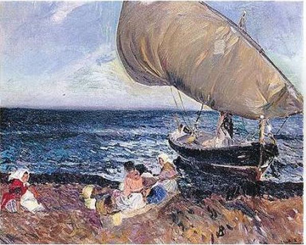 Esperando La Pesca, Playa De Valencia (waiting For The Catch, Valencia Beach) Oil Painting by Joaquin Sorolla Y Bastida