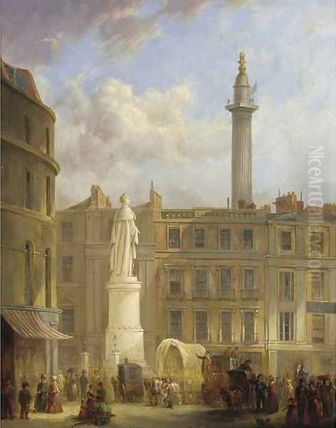 The Monument and the statue of King William IV from King William Street Oil Painting by English School