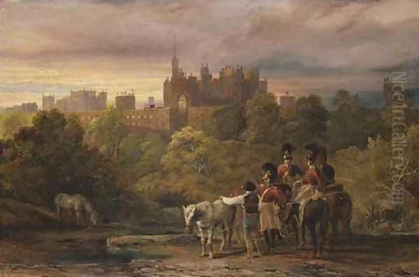 View Of Alnwick Castle From The South, With Soldiers And Horses In The Foreground Oil Painting by English School