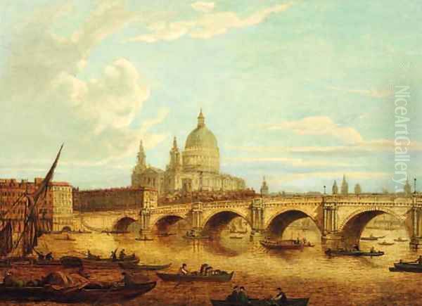 View of Blackfriars Bridge and St. Paul's Cathedral with shipping in the foreground Oil Painting by English School