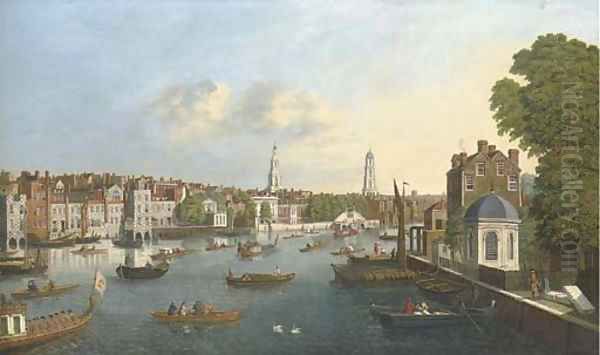 View of the Thames, with the Savoy Palace, Savoy Church, Somerset House, and the spires of St. Mary-le-Strand and St. Clement Danes Oil Painting by English School