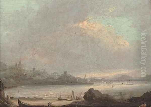 A costal inlet with fishermen in the foreground, a town beyond Oil Painting by English School