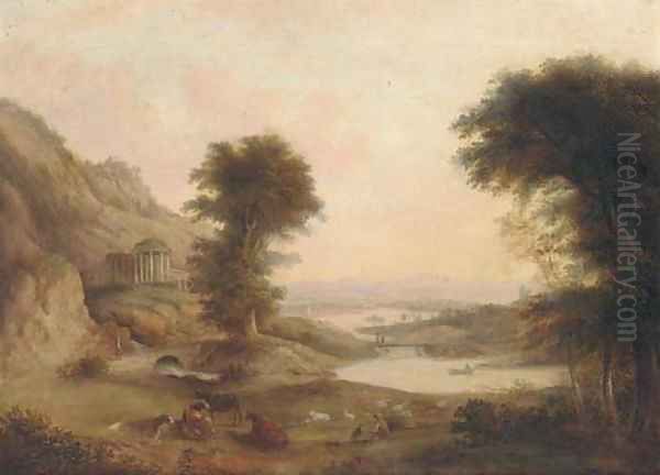 A drover with cattle in a classical landscape Oil Painting by English School