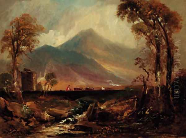 A drover with cattle on a bridge in a Highland landscape Oil Painting by English School