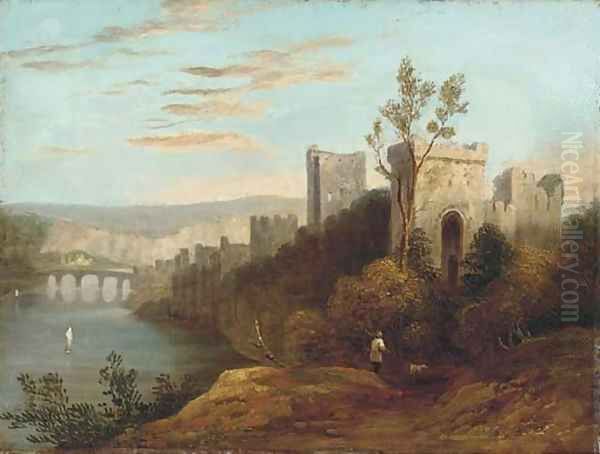 A figure before a riverside castle Oil Painting by English School