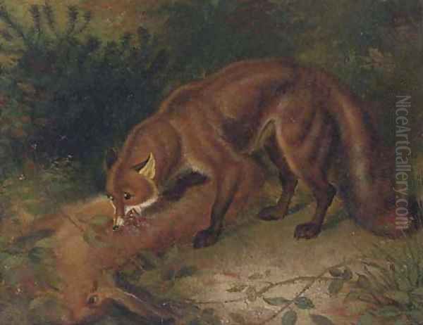 A fox eating a hare Oil Painting by English School