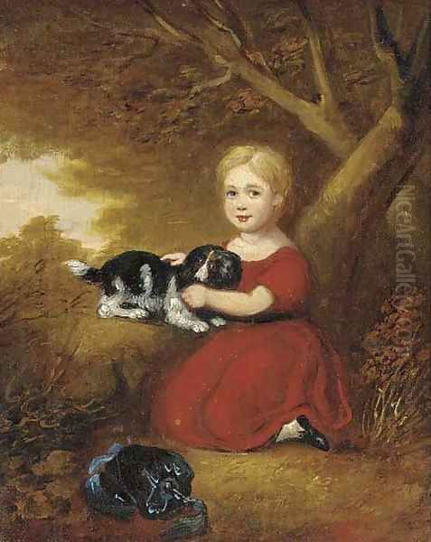 A girl with a dog in a wooded landscape Oil Painting by English School