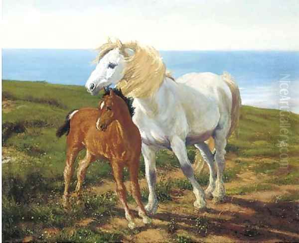 A grey pony and chestnut foal in a coastal landscape Oil Painting by English School