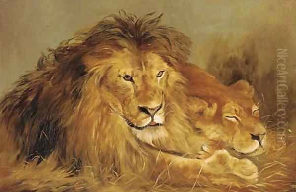 A lion and lioness lying in the grass Oil Painting by English School