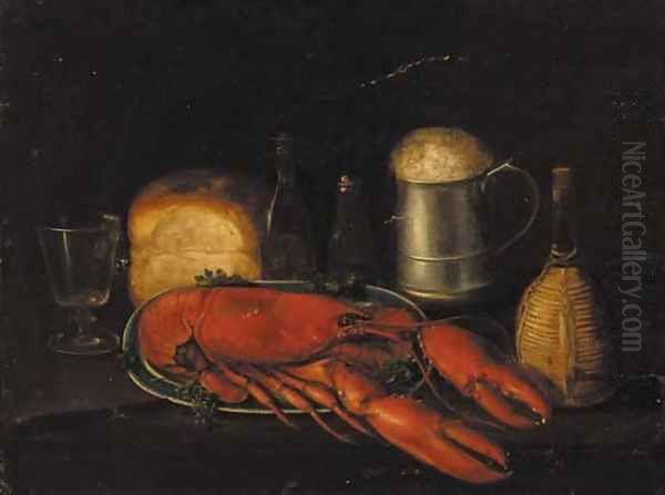 A lobster, a tankard of ale and a loaf of bread on a table Oil Painting by English School