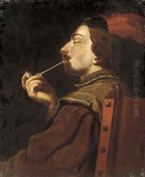 A man smoking a pipe Oil Painting by English School