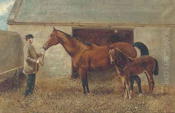 A mare and foal held by a groom Oil Painting by English School