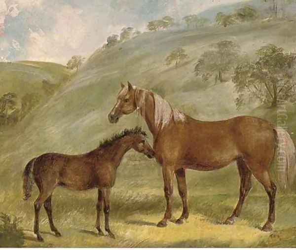 A mare with her foal, in an extensive landscape Oil Painting by English School