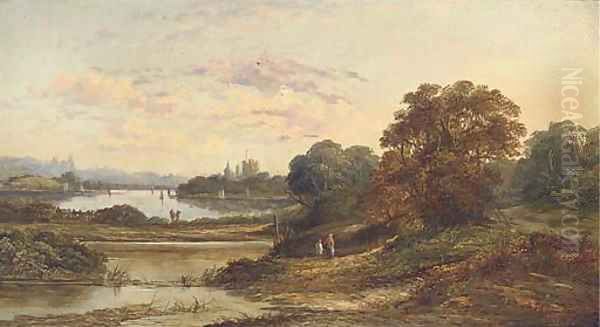 A mother and child in a country landscape with a river in the distance Oil Painting by English School