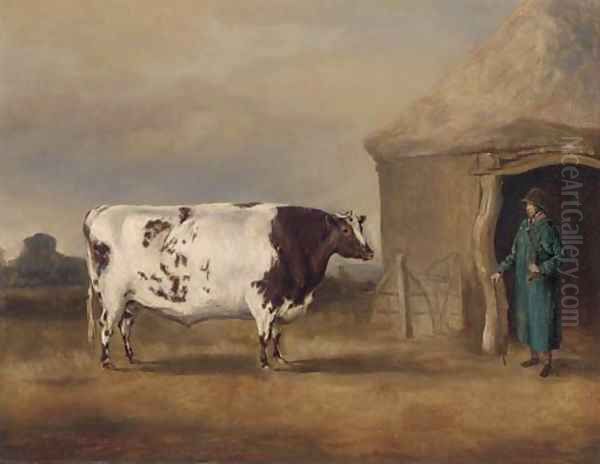 A prize bull before a barn Oil Painting by English School