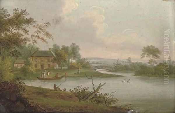 A river landscape with a cottage and elegant figures on a boat Oil Painting by English School