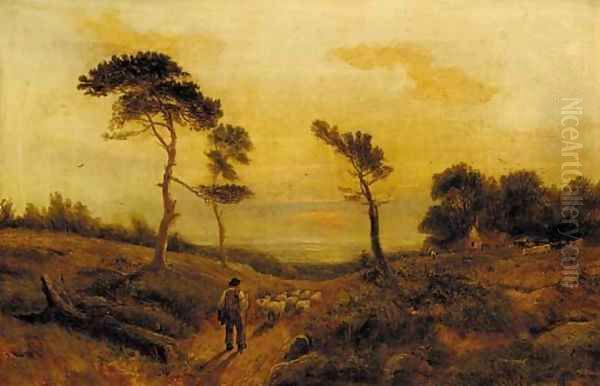 A shepherd with his flock at sunset Oil Painting by English School