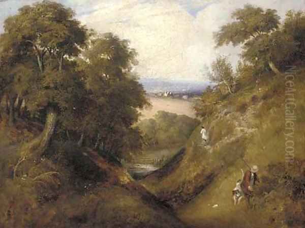 A shooting party in a landscape, thought to be at The Devil's Punch Bowl Oil Painting by English School