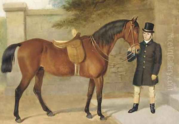 A side saddled hunter held by a groom Oil Painting by English School