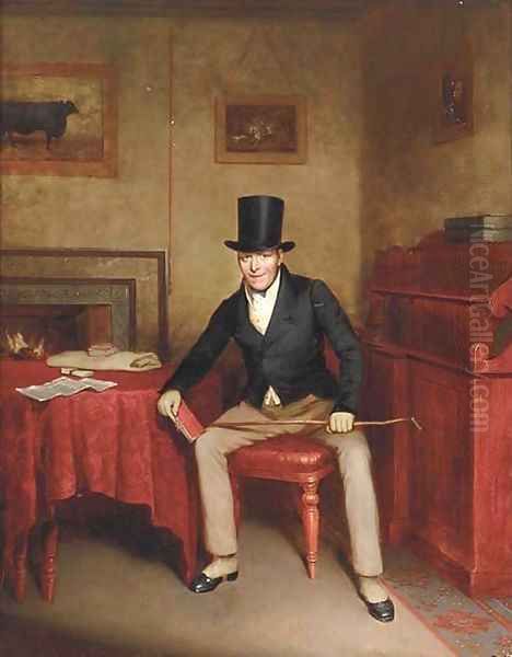 A Sportsman seated in an interior holding a record of hounds Oil Painting by English School