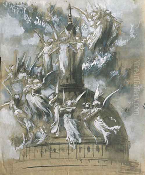 A train of angels around a cathedral spire Oil Painting by English School