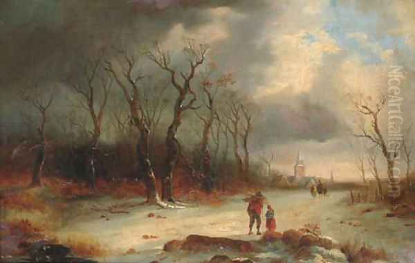 A wayside conversation in a winter landscape Oil Painting by English School