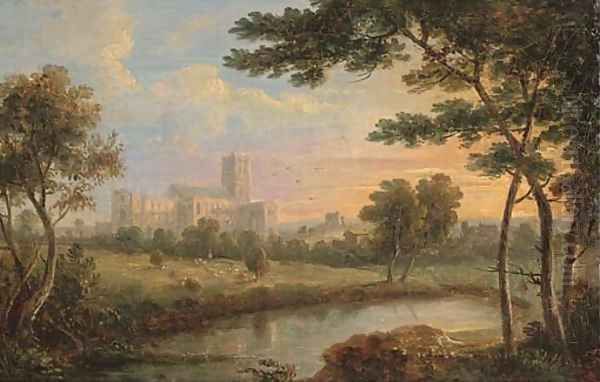 An abbey beside a river; and Fishermen before a ruin Oil Painting by English School