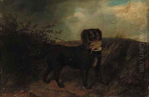 An Irish water spaniel with a partridge Oil Painting by English School