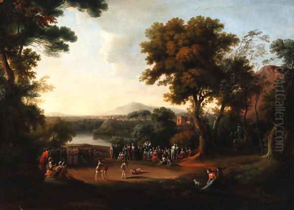 An Italianate landscape with a wrestling match and spectators in the foreground Oil Painting by English School