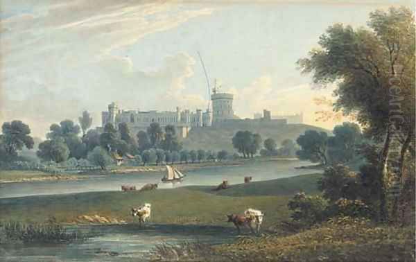 Cattle grazing on the banks of the Thames before Windsor Castle Oil Painting by English School