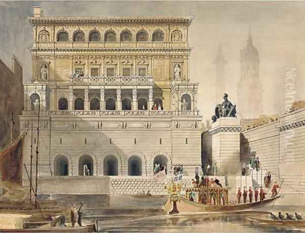 Dignataries arriving on a livery barge at Fishmonger's Hall, the Monument and the spire of St. Magnus the Martyr beyond Oil Painting by English School