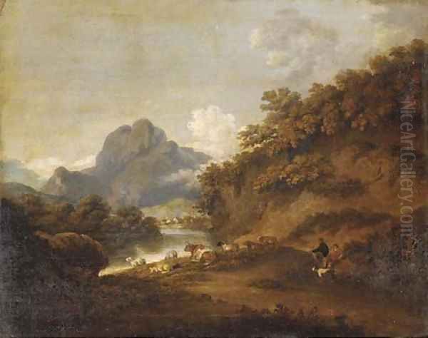 Drovers resting in a mountainous lake landscape Oil Painting by English School