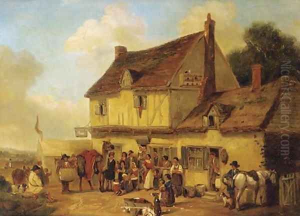 Figures and a camel before the Swan Inn Oil Painting by English School