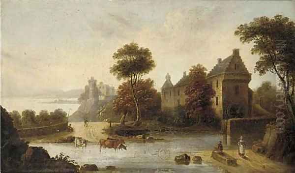 Figures and cattle before a watermill, a castle beyond Oil Painting by English School