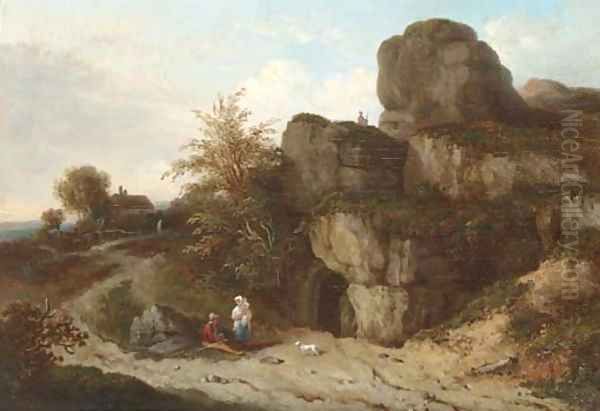 Figures by a cave, near Tunbridge Wells Oil Painting by English School